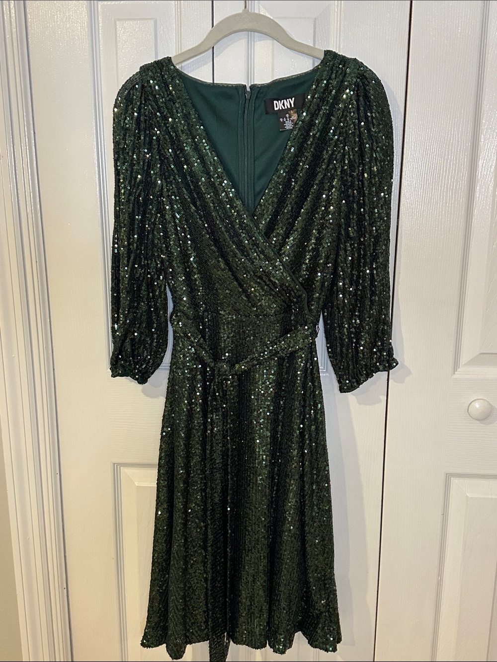 DKNY Forest Green Sequin Wrap Midi Dress | 10
